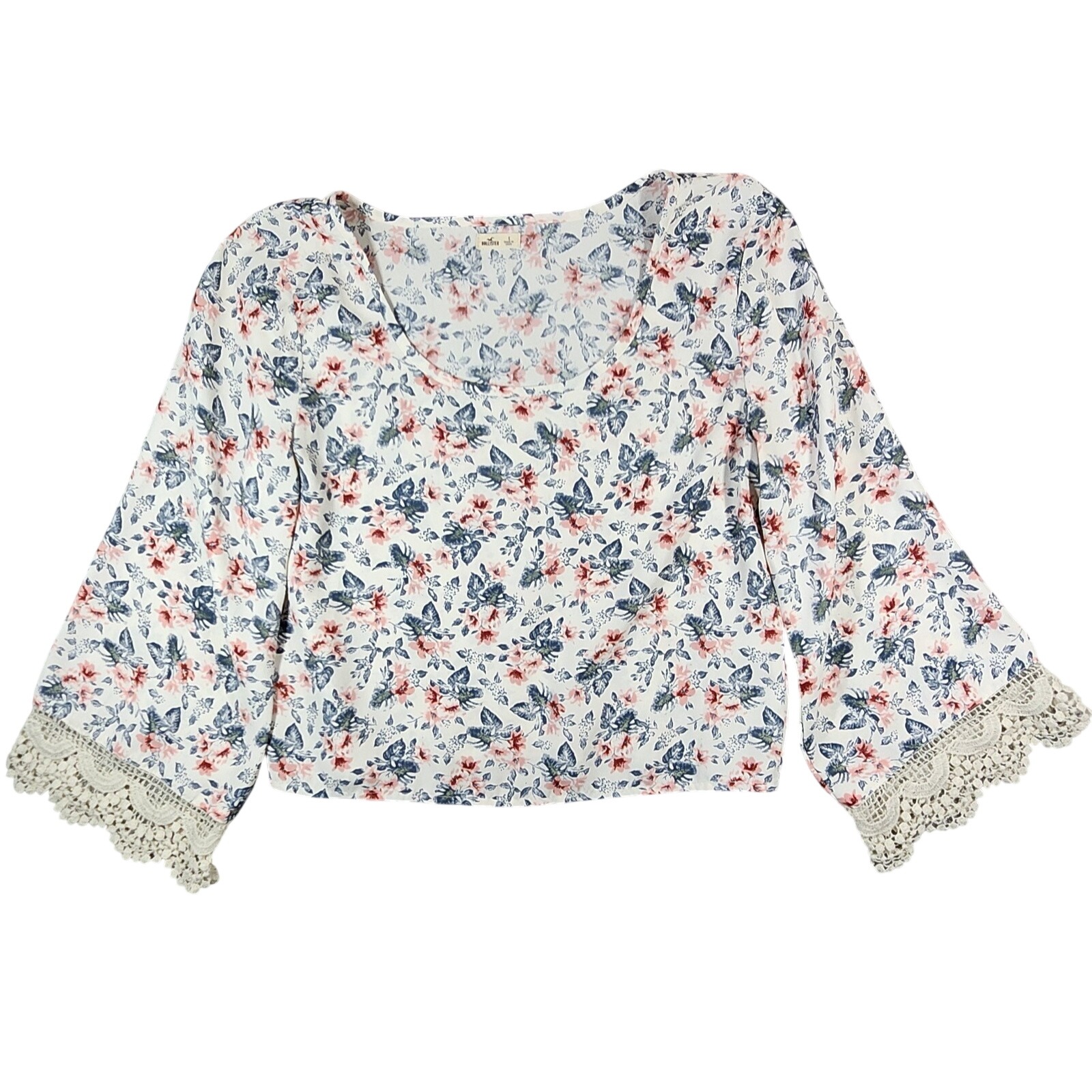 Hollister Crop Top Womens Sm White Floral Crochet Lace Bell Sleeve Boho Romantic